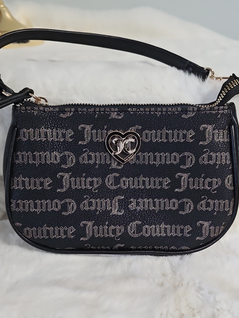 Juicy Couture Black Logo Heart Shoulder Bag with Gold Hardware